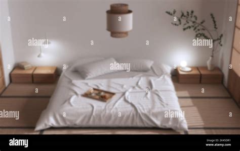 Blurred Background Japandi Bedroom Japanese Style Double Bed Tatami