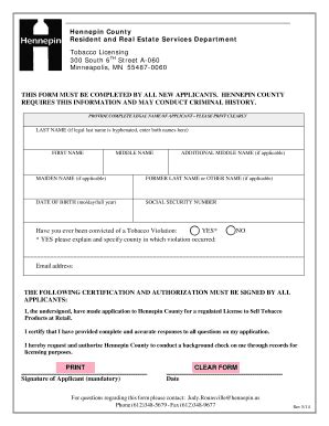 Fillable Online Co Hennepin Mn New Tobacco License Applicant Form Pdf Hennepin County Fax