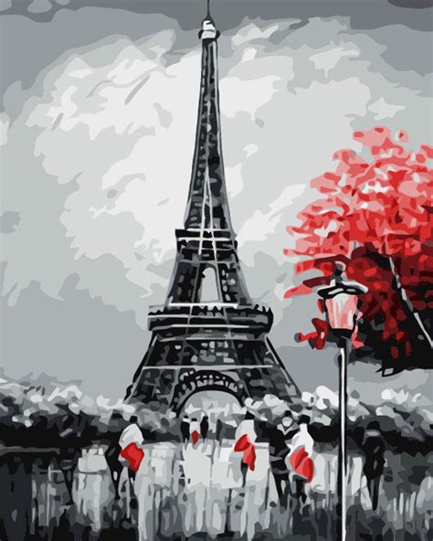 Painting By Numbers 40x50cm Eiffel Tower And Red Blossom