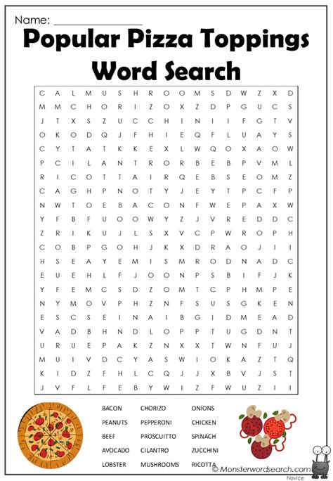 Popular Pizza Toppings Word Search Monster Word Search