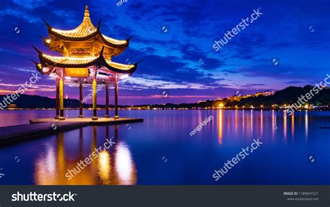 Jixian Pavilion Hangzhou During Sunset Chinese Stock Photo 1189697221