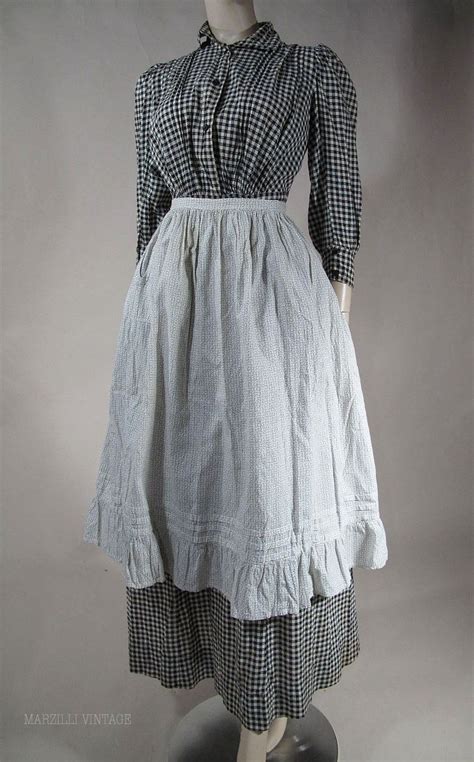 1890s Black And White Gingham Day Dress With Calico Apron Day Dresses