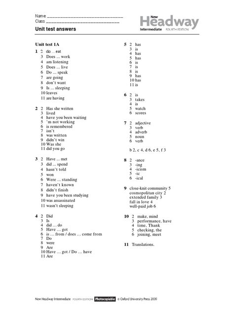Unit test 12 answer key. Headway Intermed-End of Unit Test Booklet-key-4th Ed | Adjective | Verb