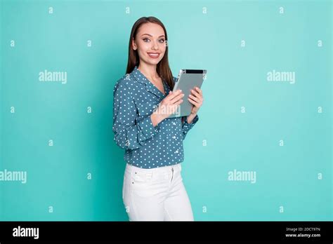 Photo Of Positive Cheerful Secretary Lady Hold Tablet Isolated Over