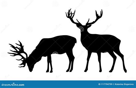 Set Of Two Standing Deer Vector Black Silhouettes Isolated On White