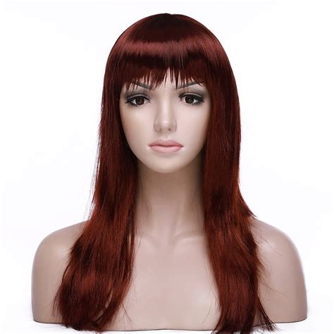 S Noilite Long Curly Synthetic Wig With Bangs Hair Wigs Straight Wig Full Head For Women Aburn