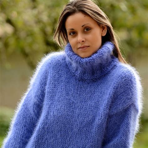 Blue Hand Knitted Mohair Sweater Fuzzy Long Turtleneck Dress