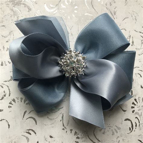 Dusty Blue Satin Hair Bow Flower Girl Wedding Steel Blue Rhinestone
