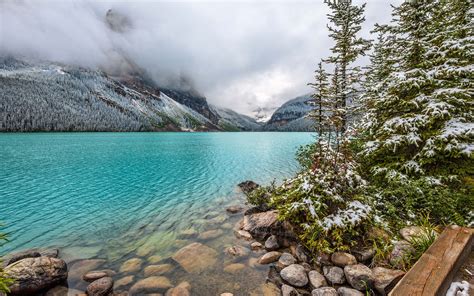 Lake Louise Canada Turquoise Lake Water Snow Mountains Fog Vapor
