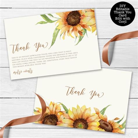 Sunflower Thank You Cards Custom Thank You Card Floral Thank You Card