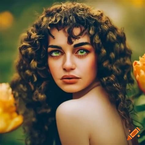 turkish woman with golden eyes in a peony garden
