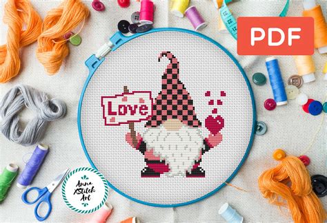 valentines gnome cross stitch pattern pdf love heart cute cross