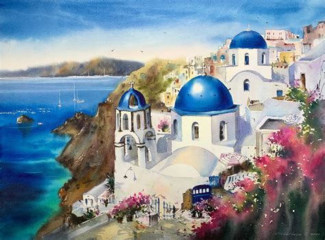 Santorini Greece 4 Painting Original Watercolor Artwork Etsy