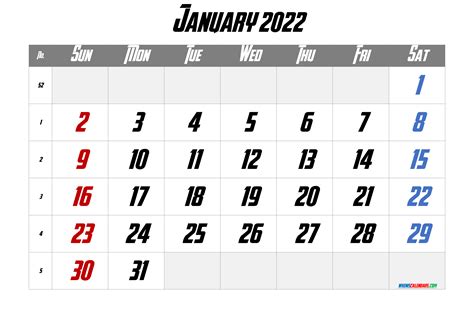 Printable January 2022 Calendar Printable Calendar 2021