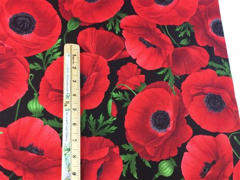 Red Large Poppy Allover Black Fabric Wild Poppy Collection Etsy