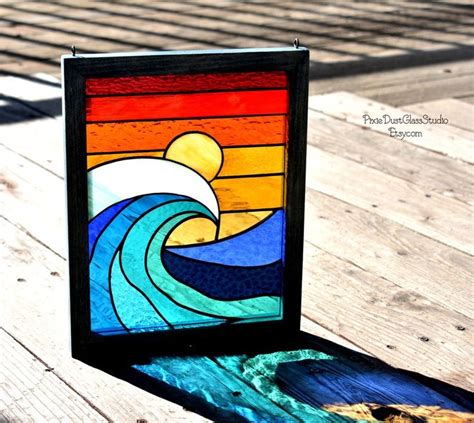 Stained Glass Wave Panel Ocean Wave W Sunset Sky Coastal Etsy Stain Glass Window Art