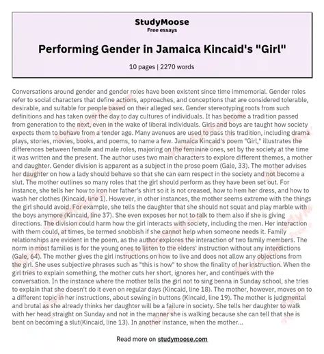 Performing Gender In Jamaica Kincaid S Girl Research Paper Example Free Essay
