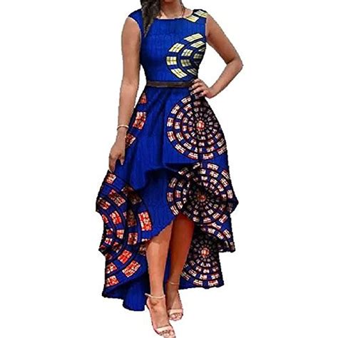 Womens African Dress Formal Prom Dashiki Print Sleeveless Peplum Fit And Flare Midi High Low