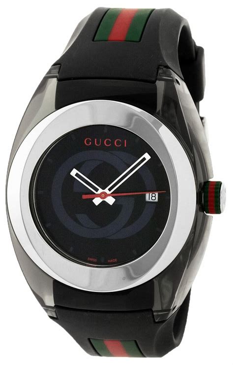 Gucci Sync 46mm Black Striped Rubber Strap Watch Unisex Ya137101 Open