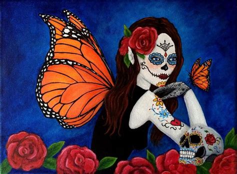 Sugar Skull Art Fairy Monarch Butterfly Day Of The Dead
