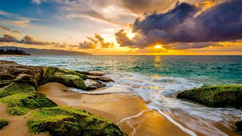 Beach Ocean Hawaii Nature Sunset Clouds Sky Coast Hd Wallpaper