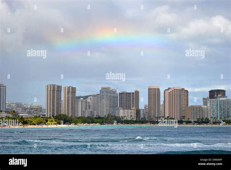 Rainbow Over Honolulu Skyline Oahu Hawaii Usa Stock Photo Alamy