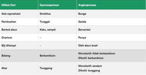 Tabel Perbedaan Angiospermae Dan Gymnospermae