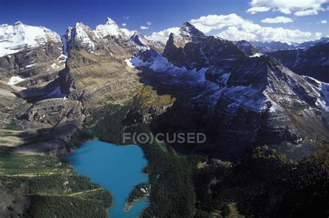 Aerial View Of Lake Ohara In Mountains Of Yoho Provincial Park British