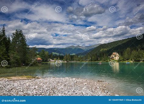 Panoramic View Of Toblacher See Dobbiaco Lake In South Tyrol In The