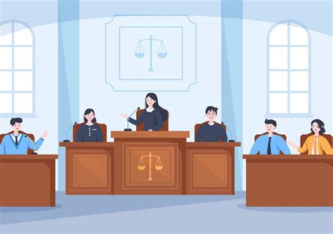 Court Room With Lawyer Jury Trial Witness Or Judges And The Wooden Judges Hammer In Flat