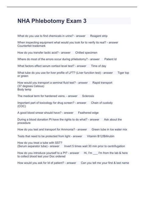 NHA Phlebotomy Exam 3 Questions and Answers 2023 - Stuvia US