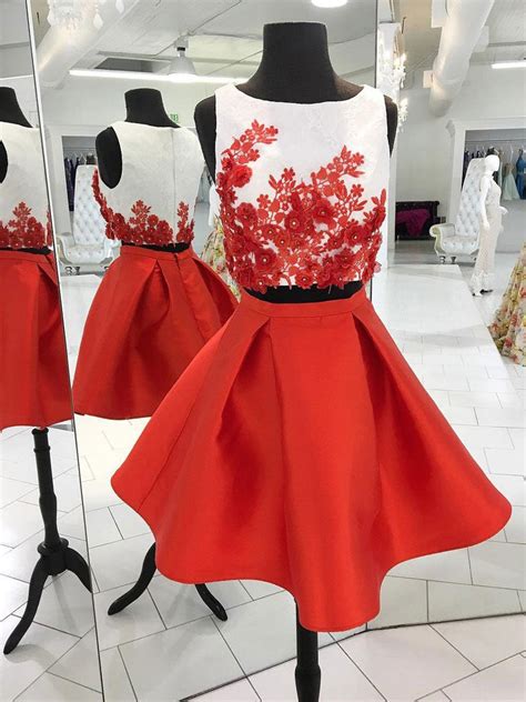 Two Piece Red Homecoming Dresses Lace A Line Bateau Short Prom Dress Party Dress Jk805