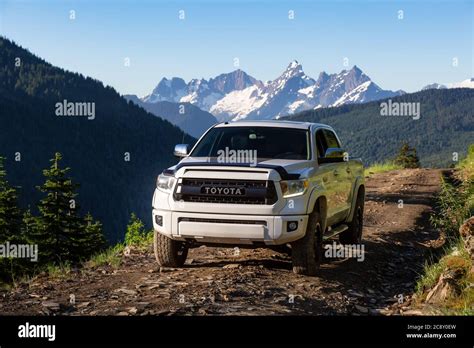 Toyota Tacoma Riding On The 4x4 Offroad Trails In The Mountains Stock