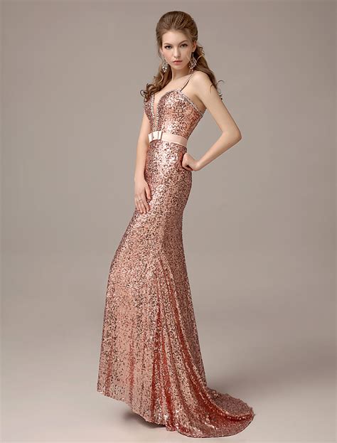 Rose Gold Prom Dresses Long Nude Mermaid Evening Dress Sequined