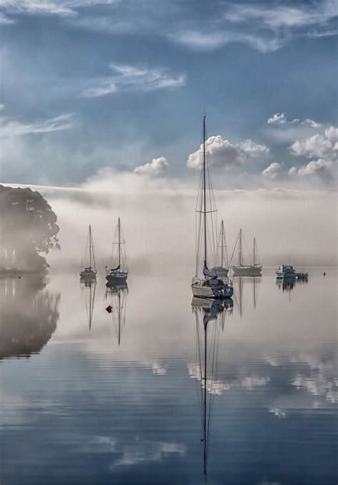 Sail Boats In The Mist Morning Mist Misty Mysterious Water