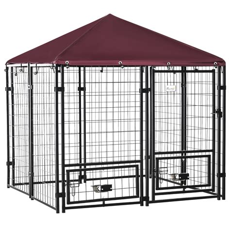 Outdoor Metal Dog Kennel With Weather Resistant Canopy Red And Black