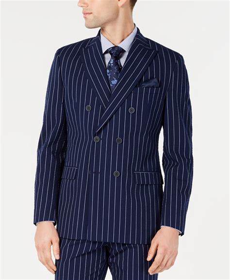 Bar Iii Mens Slim Fit Seersucker Blue Pinstripe Double Breasted Suit