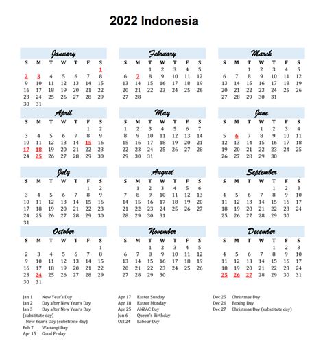 Printable Indonesia 2022 Calendar With Holidays Pdf