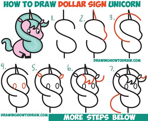 How To Draw A Cute Cartoon Unicorn Kawaii From A Dollar Sign Easy Step By Step Drawing