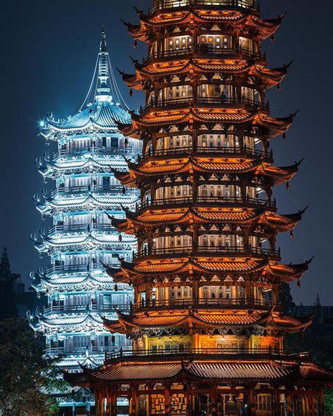 The Sun And Moon Pagodas In Guilin Guangxi China Reconstructed In