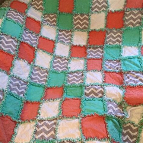 Twin Size Mint Coral And Chevron Rag Quilt By Brandedoquilts