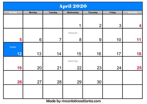 Printable April 2020 Calendar With Holidays Calendar Template Printable