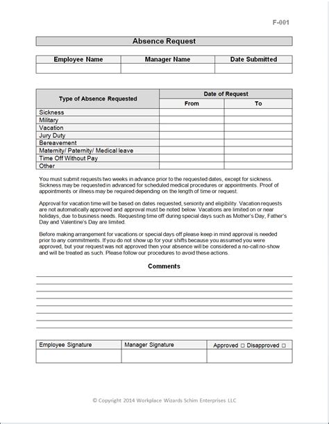 Employee Request Off Form Workplace Wizards Restaurant
