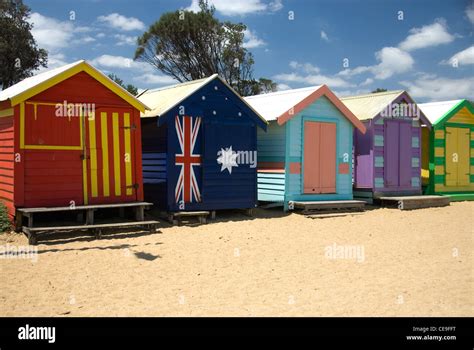 Colourful Beach Huts On Brighton Beach Victoria Australia Stock Photo