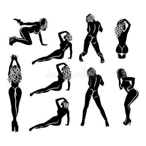 A Large Set Of Nine Simple Black And White Silhouettes Of Girls In Different Poses Stock Vector