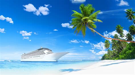 White Cruise Ship On Blue Sea Under Blue Sky And Coconut Trees On Side