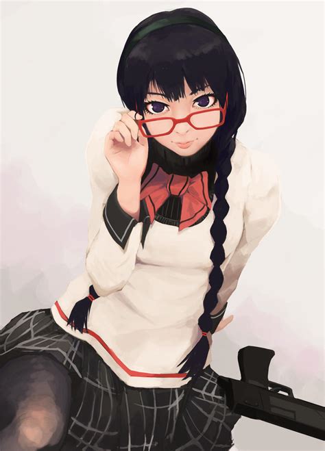 safebooru 1girl adjusting glasses akemi homura bespectacled black hair black legwear braid
