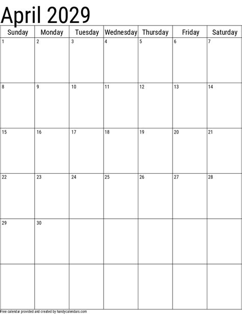 April 2029 Vertical Calendar Handy Calendars