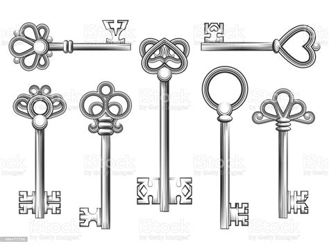 Download Vintage Key Vector Set In Engraving Style Stock Illustration - Download Image Now - iStock