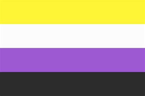 Yellow, white, purple, and black. File:Nonbinary flag.svg - Wikimedia Commons